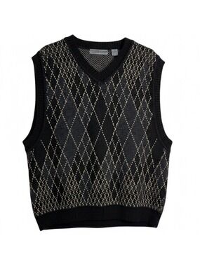 Wool Sweater Vest Mens XL Black Gray Argyle Vintage 90’s Structure Le Collezioni